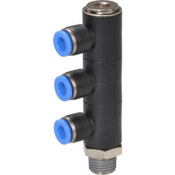 3-fold barbed T-connector M-Push 120 with three swivelling ring pieces polymer design and female screw with tapered male thread, external and internal
